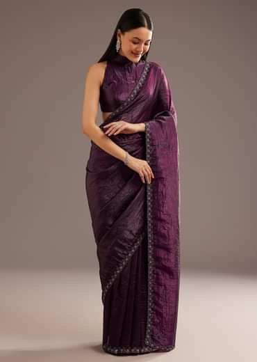 Wine Crushed Tissue Silk Saree With Cutdana Scallop Border