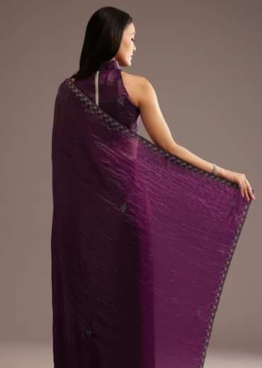 Wine Crushed Tissue Silk Saree With Cutdana Scallop Border