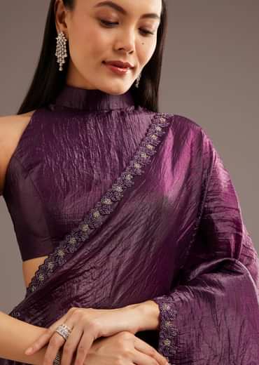 Wine Crushed Tissue Silk Saree With Cutdana Scallop Border
