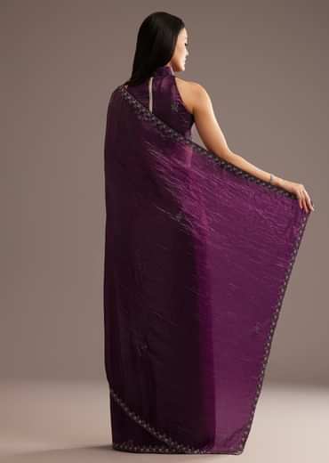 Wine Crushed Tissue Silk Saree With Cutdana Scallop Border