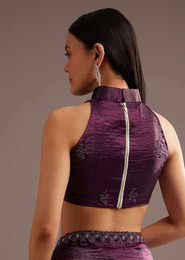 Wine Crushed Tissue Silk Saree With Cutdana Scallop Border