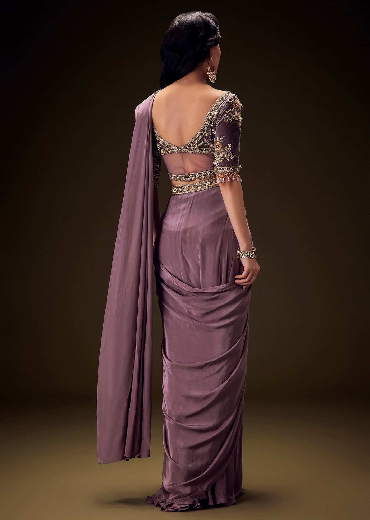Dahlia Purple Ready To Wear Saree With Hand Embroided Belt Hand Velvet Blouse