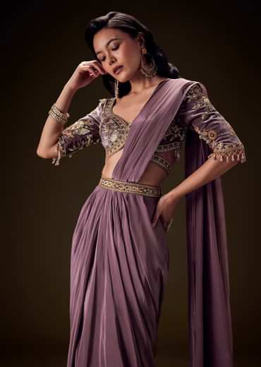 Dahlia Purple Ready To Wear Saree With Hand Embroided Belt Hand Velvet Blouse