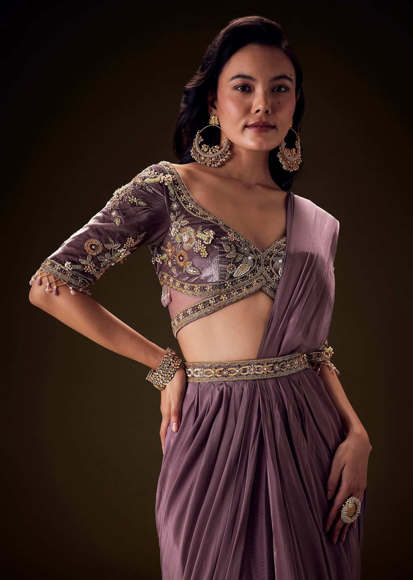 Dahlia Purple Ready To Wear Saree With Hand Embroided Belt Hand Velvet Blouse