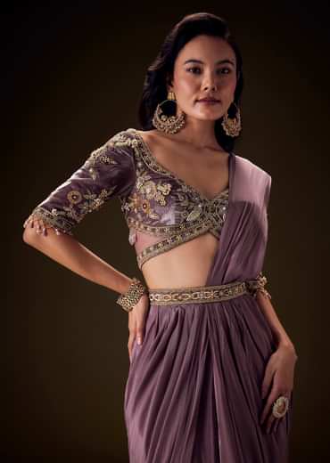 Dahlia Purple Ready To Wear Saree With Hand Embroided Belt Hand Velvet Blouse