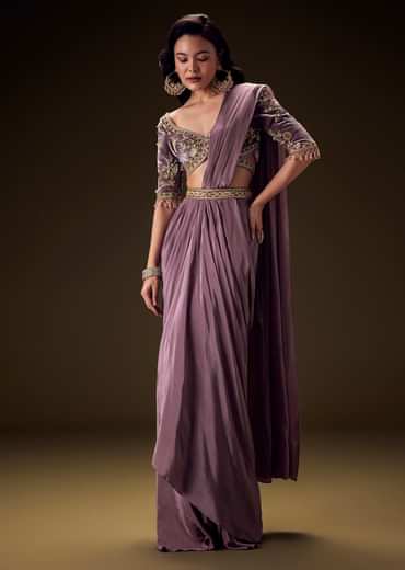 Dahlia Purple Ready To Wear Saree With Hand Embroided Belt Hand Velvet Blouse