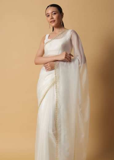 Daisy White Organza Saree In With Cut Dana Embroidered Borders