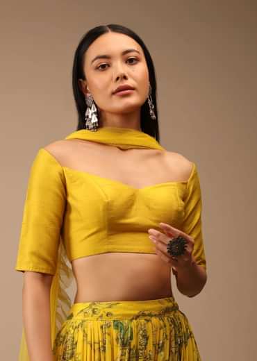 Dandelion Yellow Blouse In Raw Silk With Off Shoulder Half Sleeves And Sweetheart Neckline
