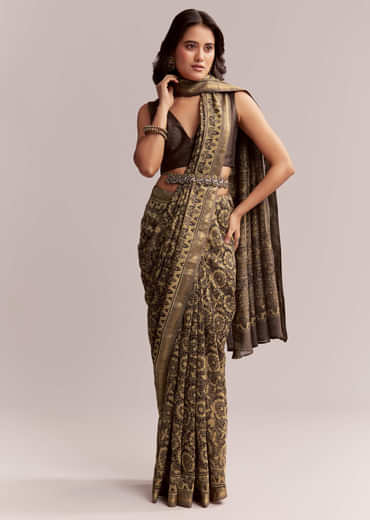 Dark Beige Linen Printed Saree With Authentic Floral Ajrakh Print