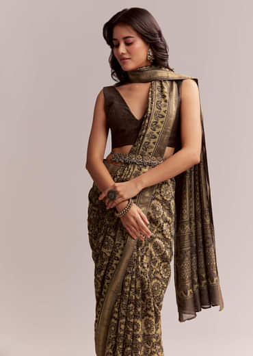 Dark Beige Linen Printed Saree With Authentic Floral Ajrakh Print