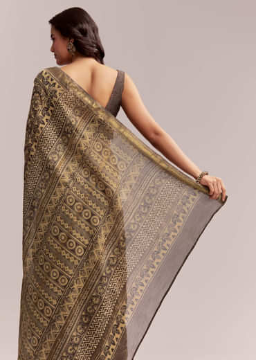 Dark Beige Linen Printed Saree With Authentic Floral Ajrakh Print