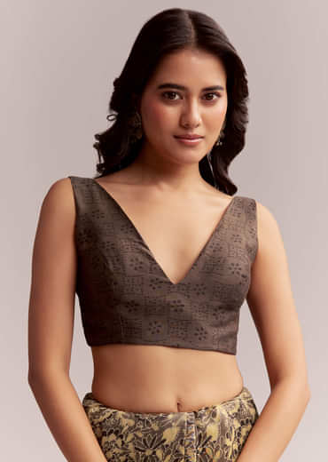 Dark Beige Linen Printed Saree With Authentic Floral Ajrakh Print