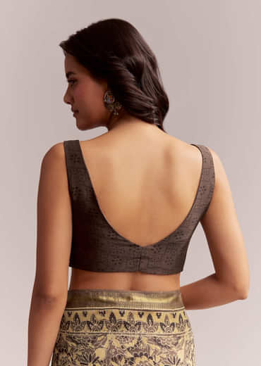 Dark Beige Linen Printed Saree With Authentic Floral Ajrakh Print