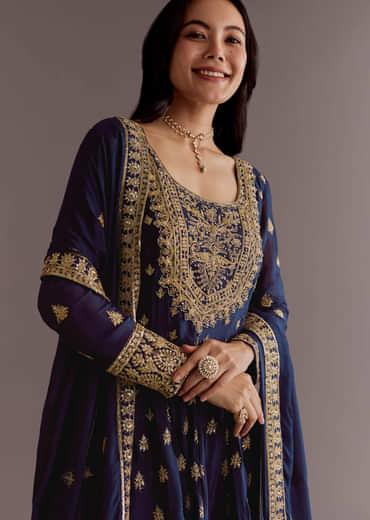 Dark Blue Chinon Zari Embroidered Anarkali Suit With Dupatta