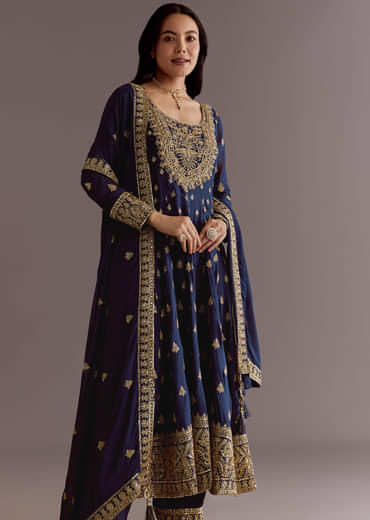 Dark Blue Chinon Zari Embroidered Anarkali Suit With Dupatta