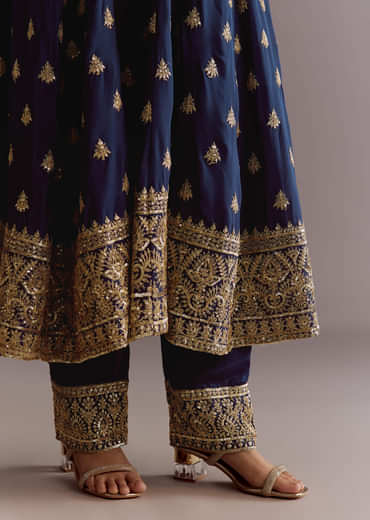 Dark Blue Chinon Zari Embroidered Anarkali Suit With Dupatta