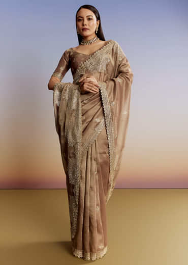 Dark Brown Jacquard Tissue Saree With Zigzag Zardosi Border