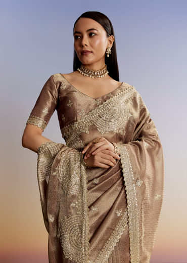 Dark Brown Jacquard Tissue Saree With Zigzag Zardosi Border