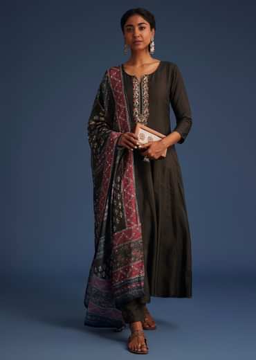 Dark Brown Silk Anarkali Set With Ajrakh Print Dupatta