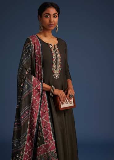 Dark Brown Silk Anarkali Set With Ajrakh Print Dupatta
