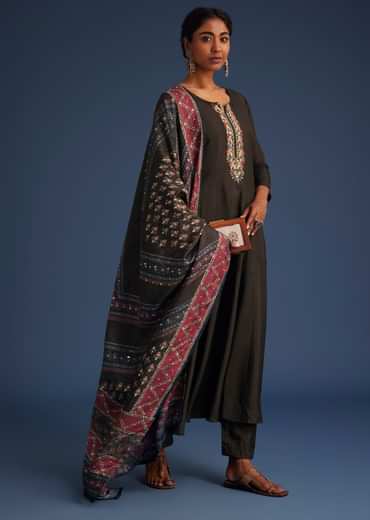 Dark Brown Silk Anarkali Set With Ajrakh Print Dupatta