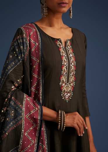 Dark Brown Silk Anarkali Set With Ajrakh Print Dupatta