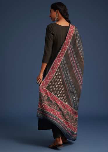 Dark Brown Silk Anarkali Set With Ajrakh Print Dupatta