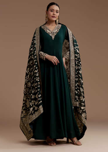 Dark Green Anarkali Set with Sequin Work