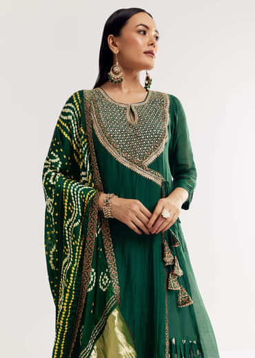 Dark Green Angrakha Kurta Set With Bandhani Dupatta