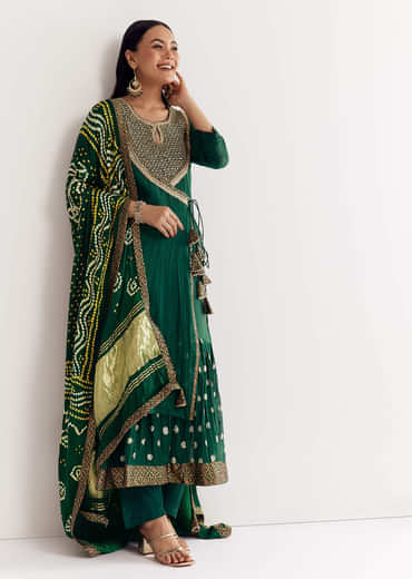 Dark Green Angrakha Kurta Set With Bandhani Dupatta