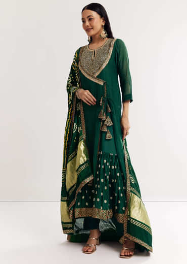 Dark Green Angrakha Kurta Set With Bandhani Dupatta