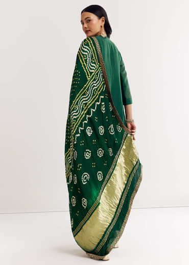 Dark Green Angrakha Kurta Set With Bandhani Dupatta