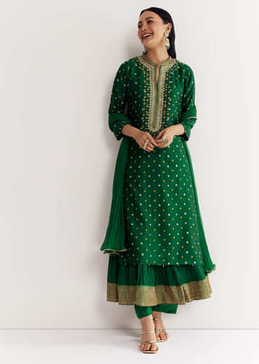 Dark Green Bandhani Kurta Set With Dupatta