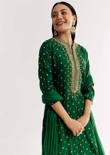 Dark Green Bandhani Kurta Set With Dupatta