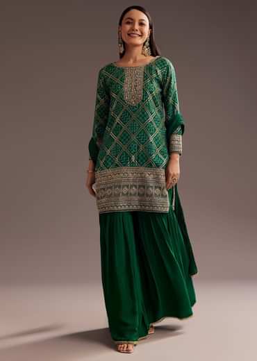Dark Green Bandhani Zardosi Kurta Sharara Dupatta Set