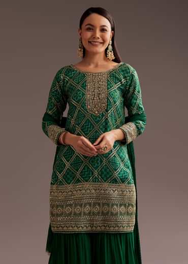 Dark Green Bandhani Zardosi Kurta Sharara Dupatta Set