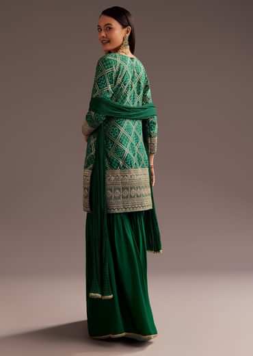 Dark Green Bandhani Zardosi Kurta Sharara Dupatta Set