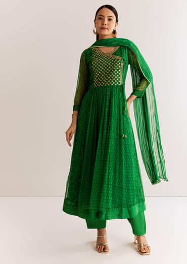 Dark Green Chiffon Angrakha Anarkali With Floral And Sequin Yoke