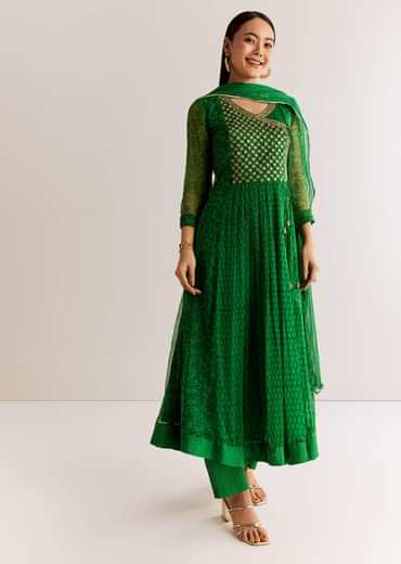 Dark Green Chiffon Angrakha Anarkali With Floral And Sequin Yoke