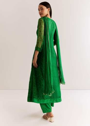 Dark Green Chiffon Angrakha Anarkali With Floral And Sequin Yoke