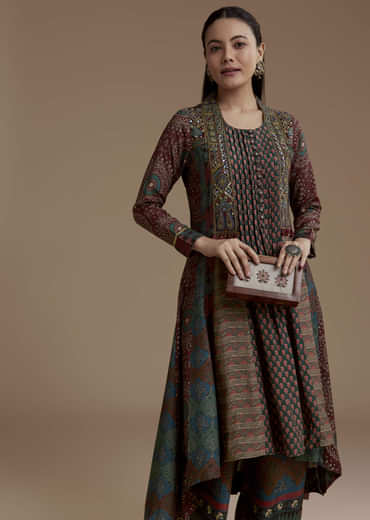 Dark Green Indie Print Muslin Kurta Set with Thread Work