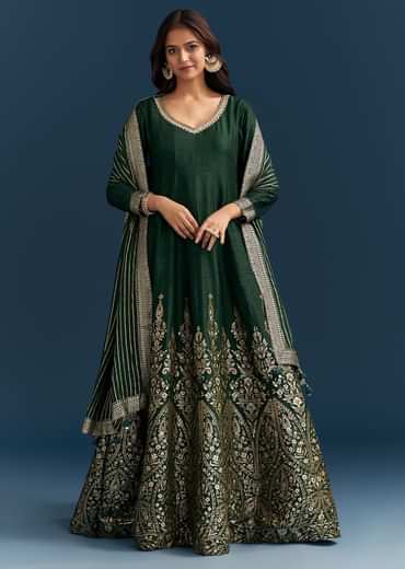 Dark Green Jacquard Silk Anarkali Suit With Festive Jacket Overlay