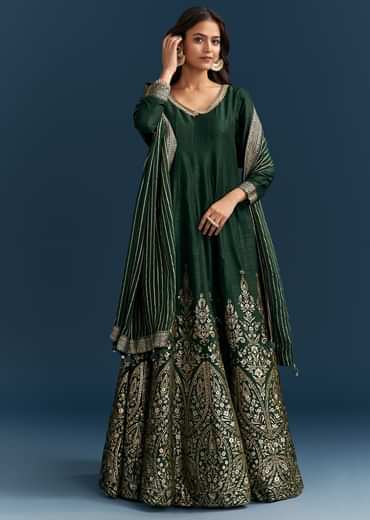 Dark Green Jacquard Silk Anarkali Suit With Festive Jacket Overlay