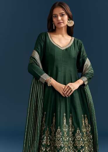Dark Green Jacquard Silk Anarkali Suit With Festive Jacket Overlay