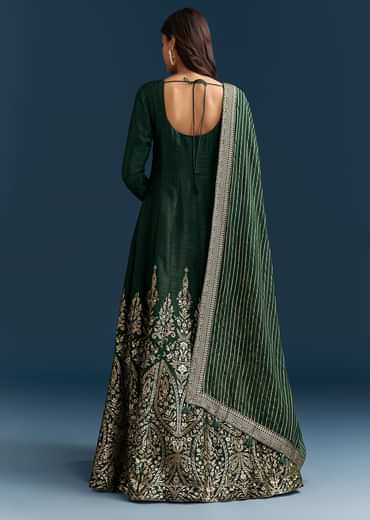 Dark Green Jacquard Silk Anarkali Suit With Festive Jacket Overlay
