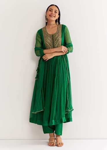 Dark Green Printed Chiffon Sequin Kurta Set With Dupatta