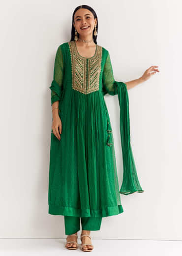 Dark Green Printed Chiffon Sequin Kurta Set With Dupatta