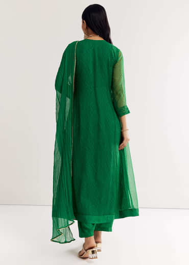 Dark Green Printed Chiffon Sequin Kurta Set With Dupatta