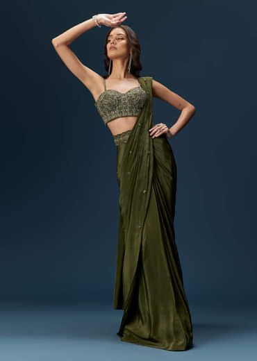 Dark Green Ready Pleated Saree With Corset Blouse