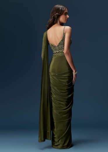 Dark Green Ready Pleated Saree With Corset Blouse